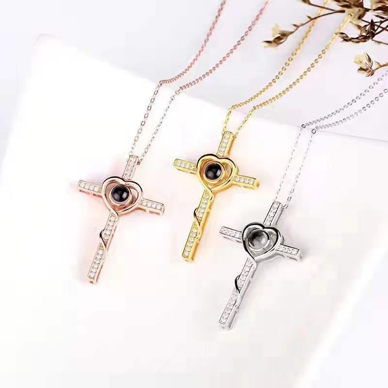 100 languages, I love you. Nano projection necklace for men and women, fashionable and simple cross necklace - HAYUDY