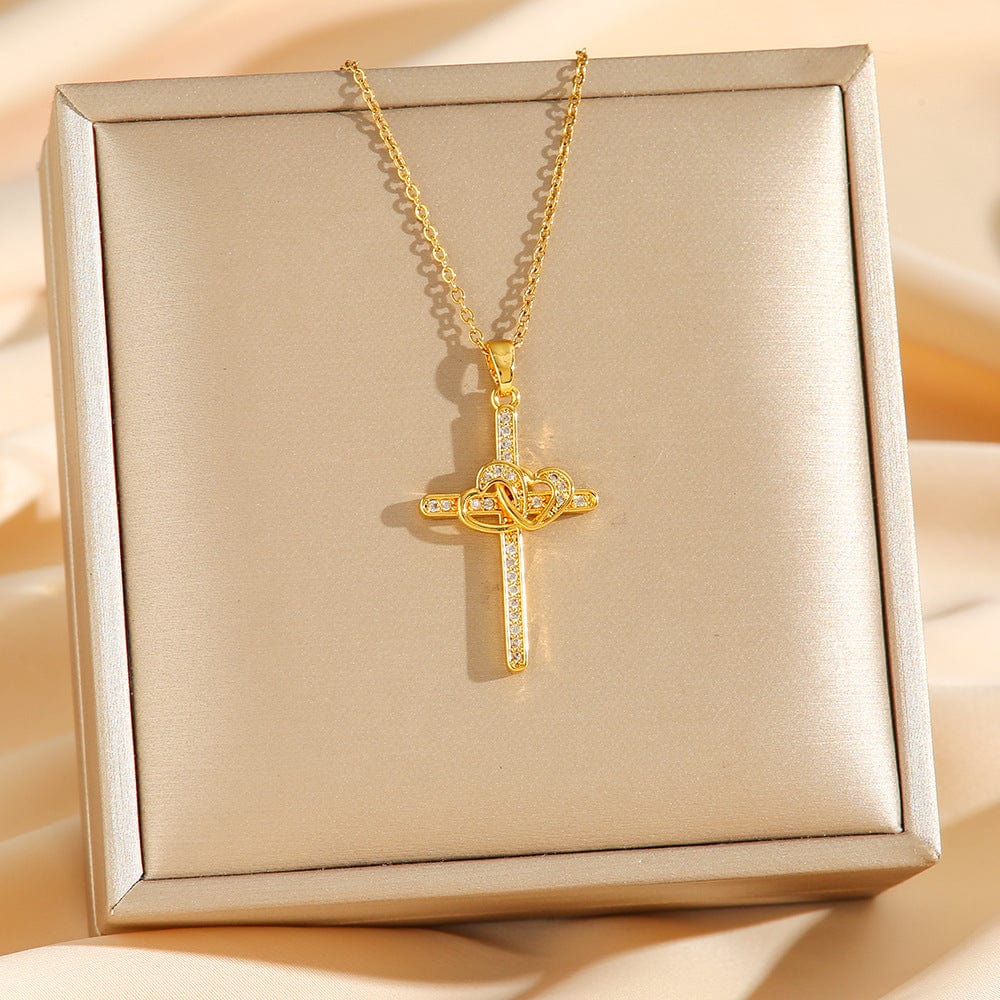 Cross Double Ring Love Heart Necklace Surrounded Zircon Pendant Necklace For Women Bohemian Jesus Pendant Gold Color Valentines Day Gift